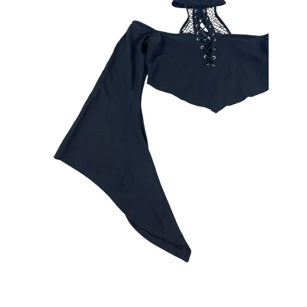 Killstar Black Gothic Crop Top Bell Sleeve Lace Up Choker Neck Witchy Emo M - Image 4