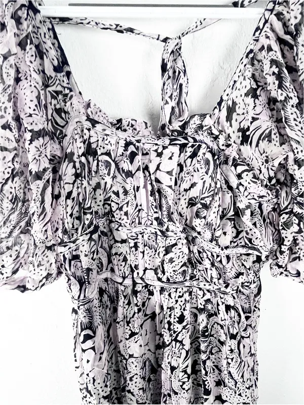 ANTHROPOLOGIE Black Squareneck Sheer Puff Sleeves Smocked Back Tie Midi Dress XS - Image 9