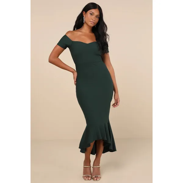 Lulus How Much I Care Dark Green Off-the-Shoulder Midi Dress Holiday Gala Small - Image 3