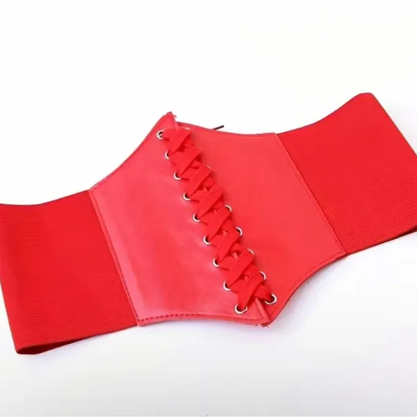 Corset Style Wide Girdle‎ Red Fashion Elastic Faux Leather Skinny Elastic Waist - Image 11