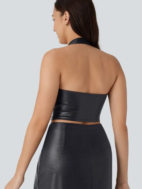 NWOT Halara Shiny Dusty Black SoftlyZero Faux Leather Halter Cropped Tank Top - Image 2