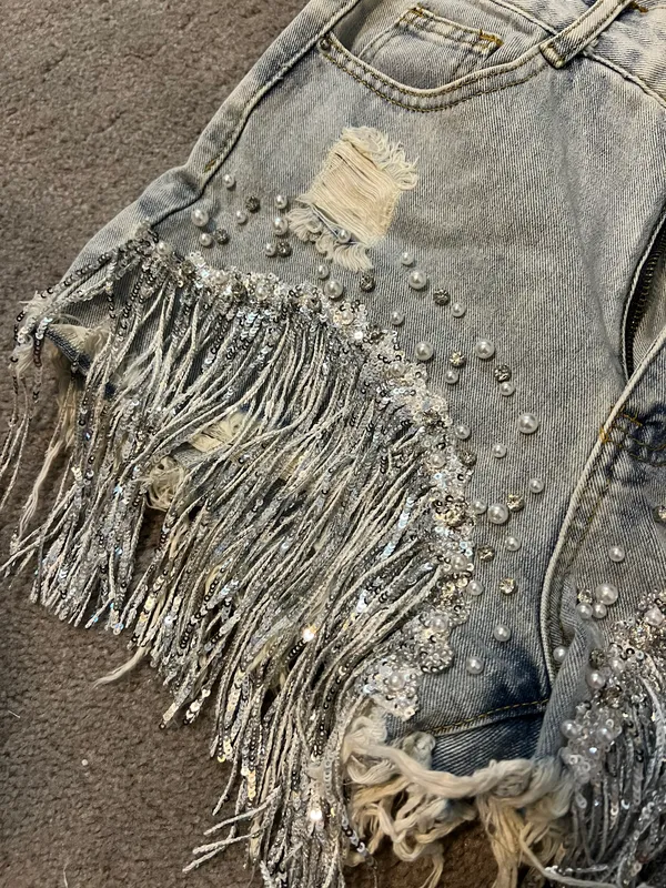 Blue Blush Denim Sequin & Pearl Shorts - Image 4