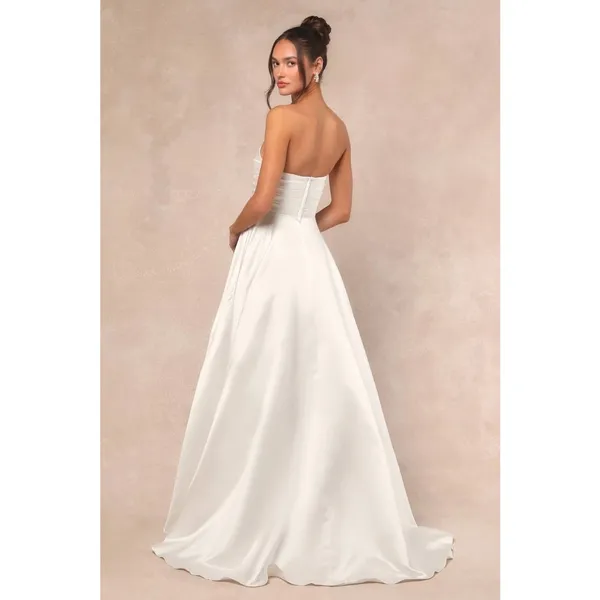 Lulus Khalida White Satin Pleated Strapless Gown Wedding Formal A Line Small NWT - Image 2