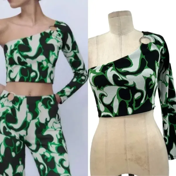 Zara Jacquard Asymmetric One Shoulder Crop Top Ring Detail Black Green‎ Small - Image 2
