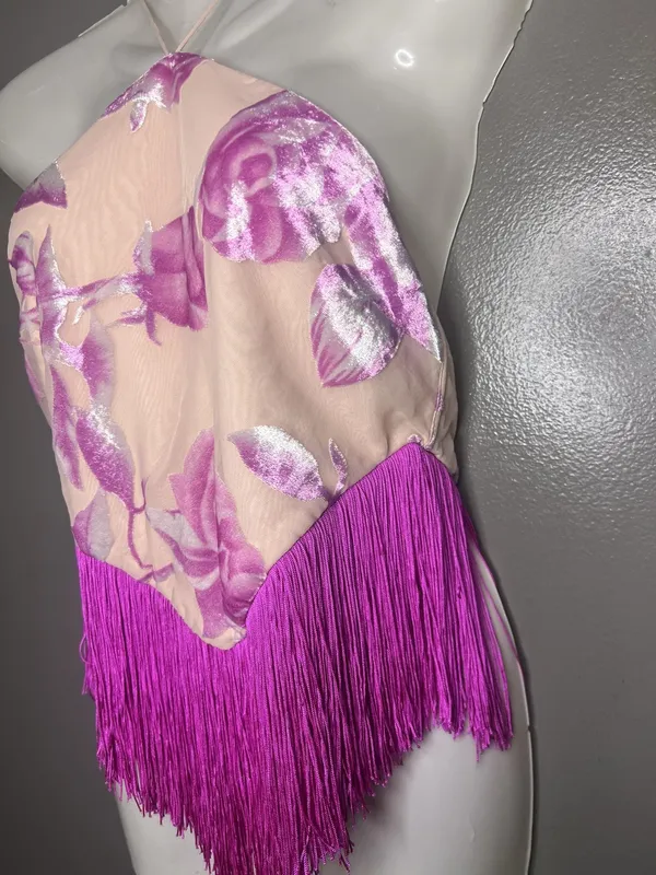 For Love & Lemons Tank Top Womens Small Pink Floral Fringe Halter Cropped Party - Image 4