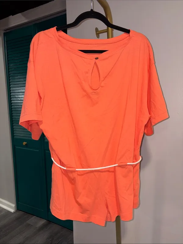 Free People NWOT Money Romper in a vibrant coral-orange shade, size XS - Image 6