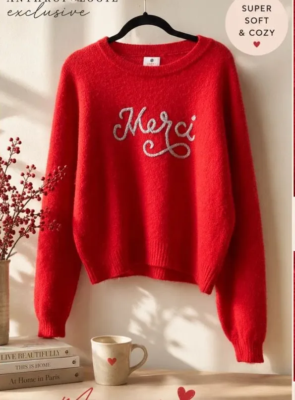 Sundry Merci Red Cozy Knit Sweater Large Super Soft Parisian Chic Anthropologie - Image 2