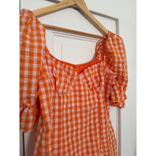 Orange Gingham Puff Sleeve Bustier Bodycon Mini Dress Sweetheart Neck Large - Image 7
