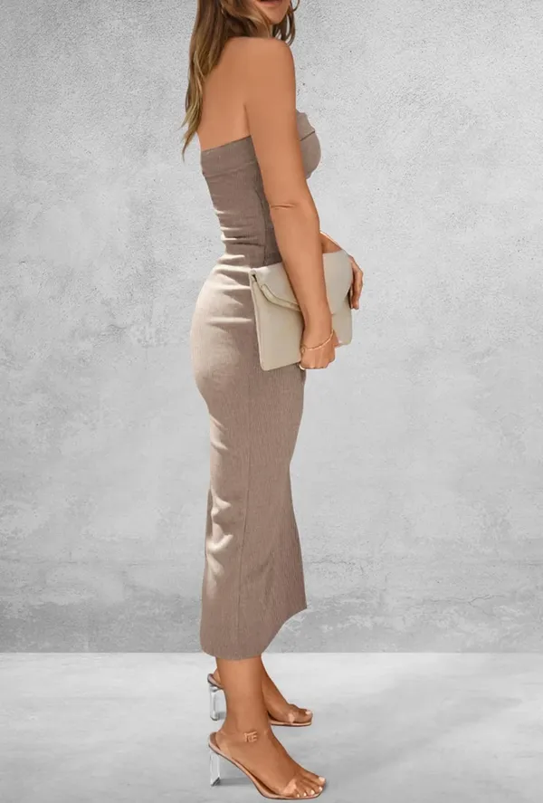 PRETTYGARDEN Ribbed tan strapless dress - Image 2