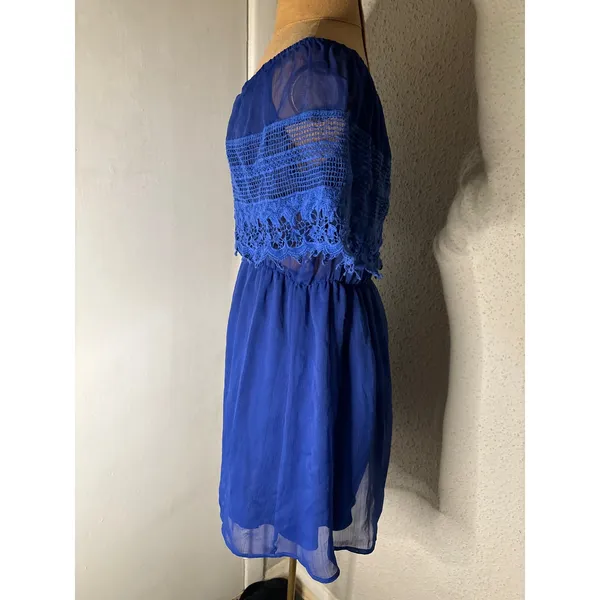 Gameday By Chloe Blue Strapless Boatneck Lace Top Mini Dress S Rainbowcore Twee - Image 3