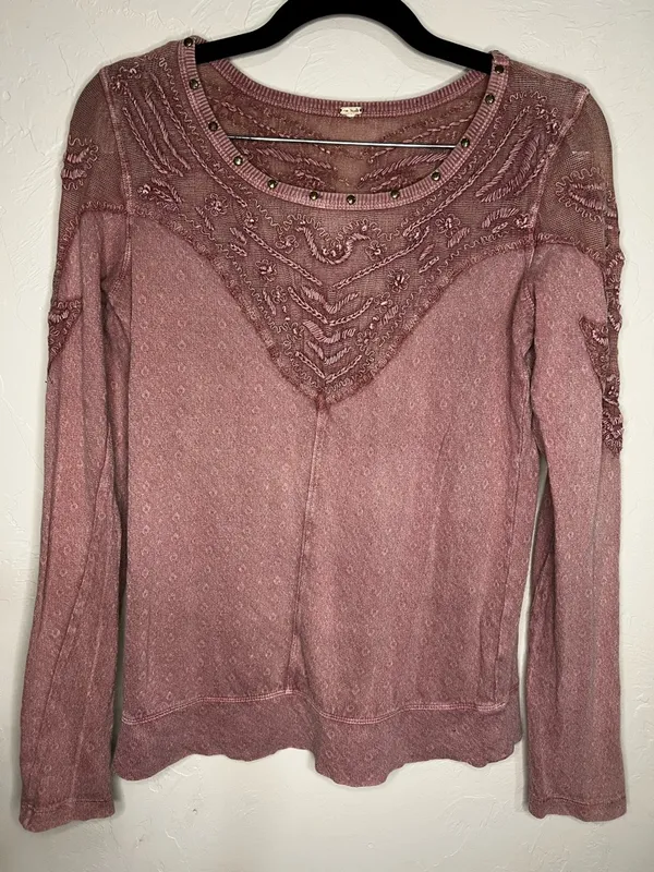 Free‎ People Embellished Embroidered Sheer Lace Boho Mauve Long Sleeve Top - Image 2