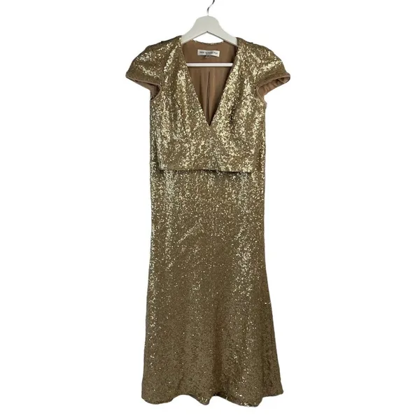 Dress The Population Size Small Cara Two Piece Gown Gold‎ Sequin Holiday Party - Image 2