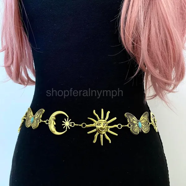 Gold Y2K Celestial Sun Moon Butterfly Chain Belt, Fits 30 to 47 Inches, X7GA1325 - Image 5