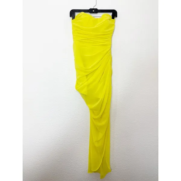 House Of CB Paloma Maxi Dress Yellow Strapless Draped Chiffon Size Small Corset - Image 4