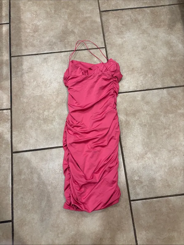 Oh Polly Hot Pink Ruched Mini Strappy Dress - Image 3