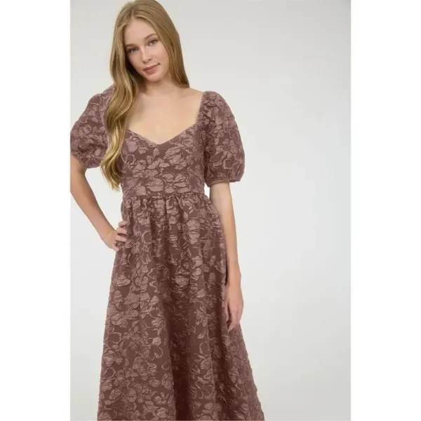 August Sky Floral Jacquard Sweetheart Neck Midi Dress Dusty Mauve Med #400 - Image 4