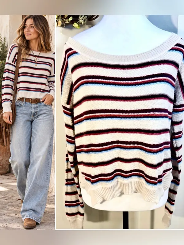💥Free People Beach Road Trip Alpaca Blend Striped Boxy Sweater Sz S💛 - Image 2