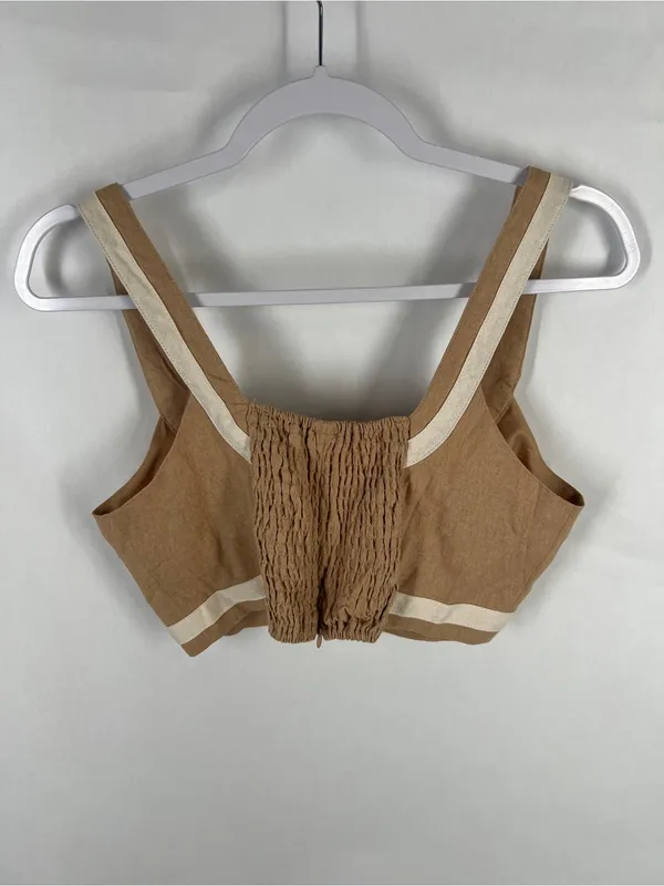 7 For All Mankind Contrast Trim Linen Blend Crop Top Tan Cream M - Image 5