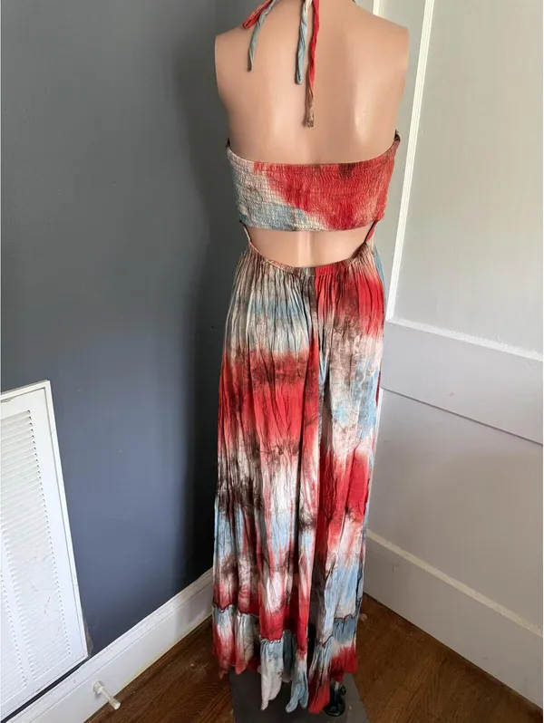 Bohemian Tie-Dye Halter Maxi Dress with Smocked Bodice - Image 2