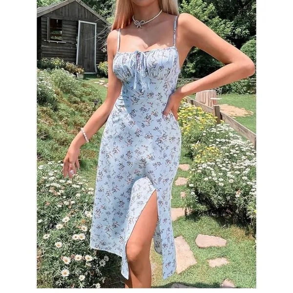 NEW Spaghetti Strap Floral Tie Front Slit Thigh Cami Dress Midi Dress S - Image 3