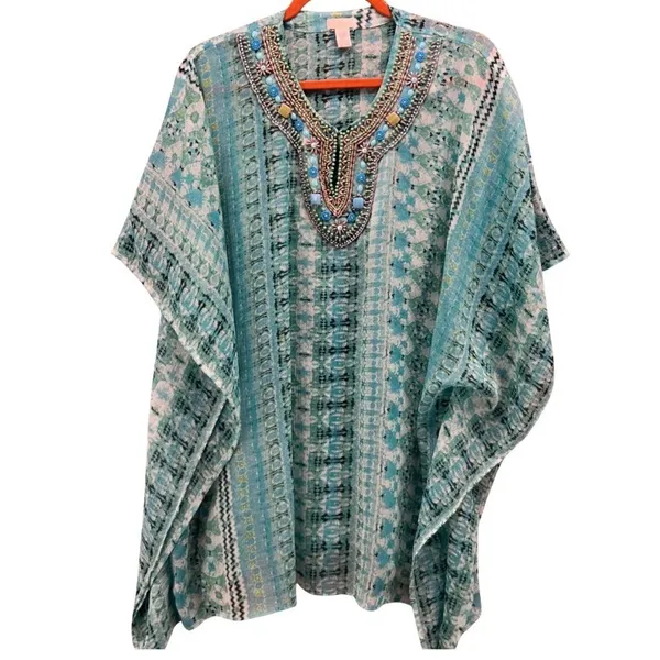Chicos Beaded Kaftan Top Green Large‎ or XL - Image 2
