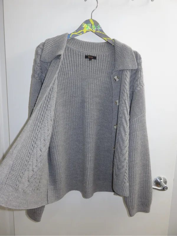 Quince Gray Cable Knit Cardigan Sweater Collared Button Front 100% Wool Medium - Image 11