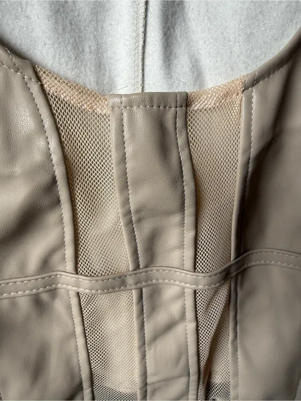 PrettyLittleThing Faux Leather Mesh Corset Crop Top Beige - Image 2