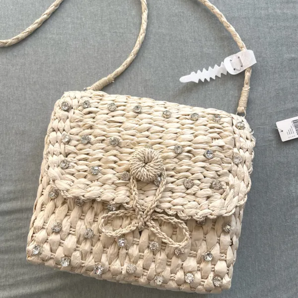 Anthropologie Embellished Straw Crossbody‎ Bag NWT Tan Cream Woven - Image 5