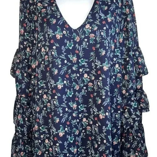 LE LIS Navy‎ Floral Long Sleeve Tiered Ruffle Trim Mini Shift Dress NWOT Large - Image 3