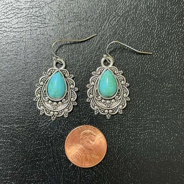 Earrings Boho Dangle Drop Silver Tone With Faux Turquoise New - Image 2