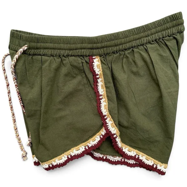 Free People Coastal Cruise Olive Green Crochet Trim Boho Pull On Shorts S/M NWT - Image 9