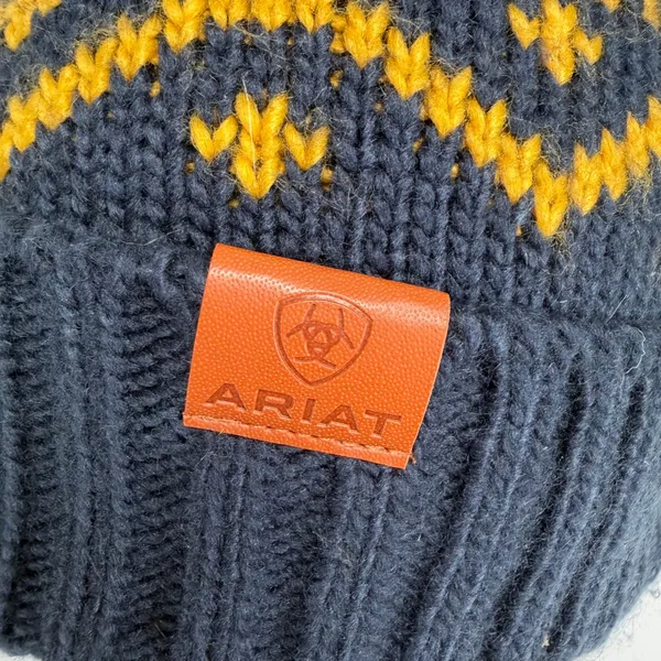 Ariat Beanie Fair Isle Fleece Lined Faux Fur Pom Knit Navy Yellow Warm Outdoor - Image 3
