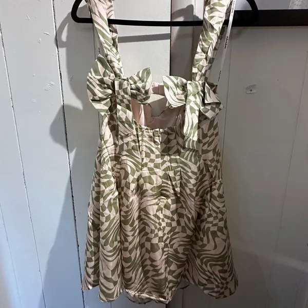 NWT For Love And Lemons Distorted Checkered Green Satin Dress - Image 4