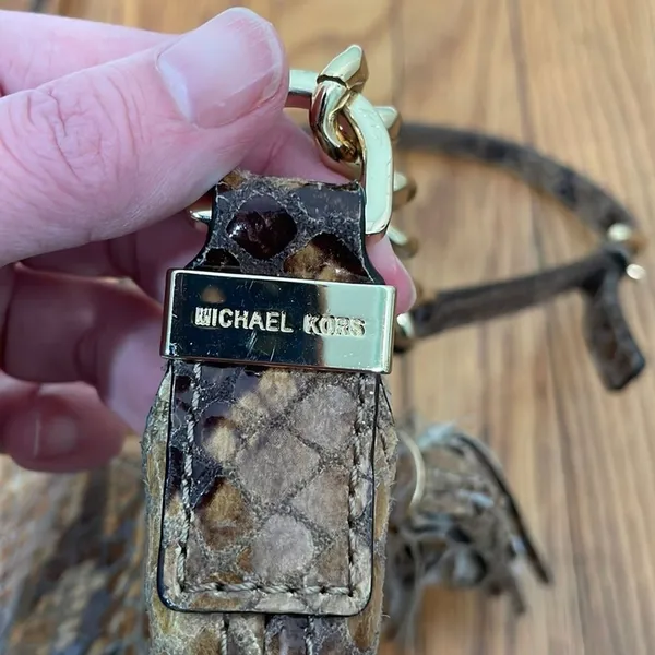 Michael Kors Snakeskin Embossed Leather Crossbody Bag Brown Gold Chain Tassel‎ - Image 4