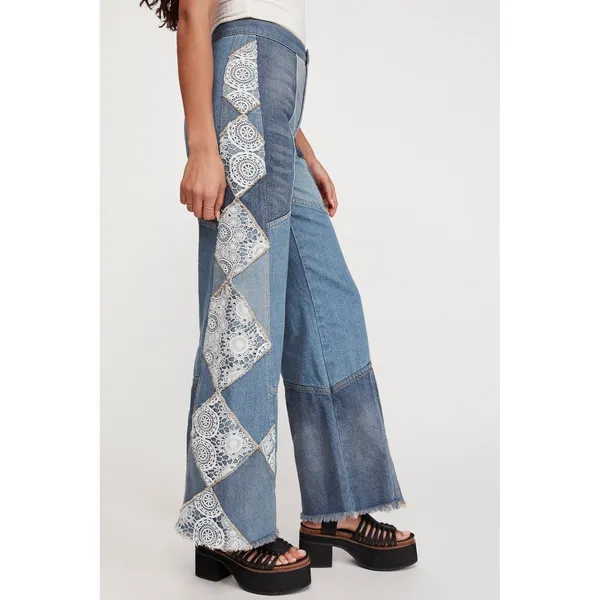 Free People In‎ My Element Patched Flare Jeans Blue Lace Crochet 25 - Image 5