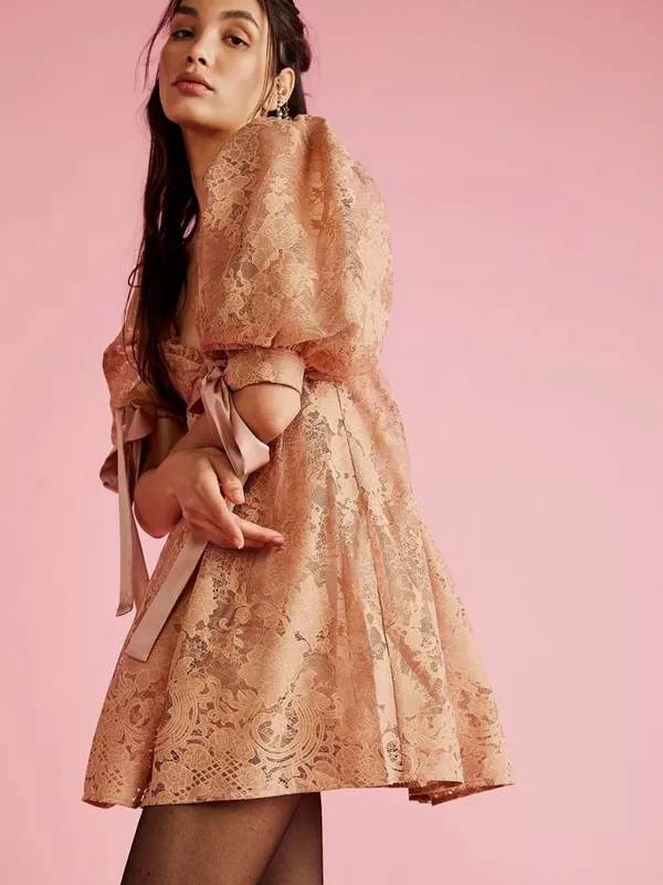 For Love & Lemons Size L Mauve Lace Puff Sleeve Mini Dress Satin Bow Ties - Image 4