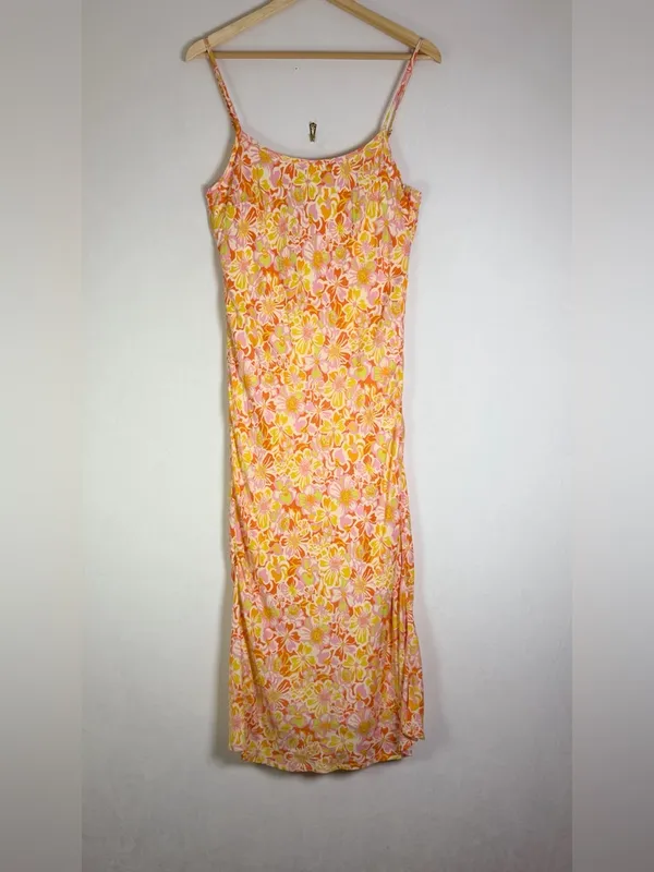 Rhythm Women’s Floral Slip Dress Pink Orange Retro Floral Midi Rayon Boho Size S - Image 2