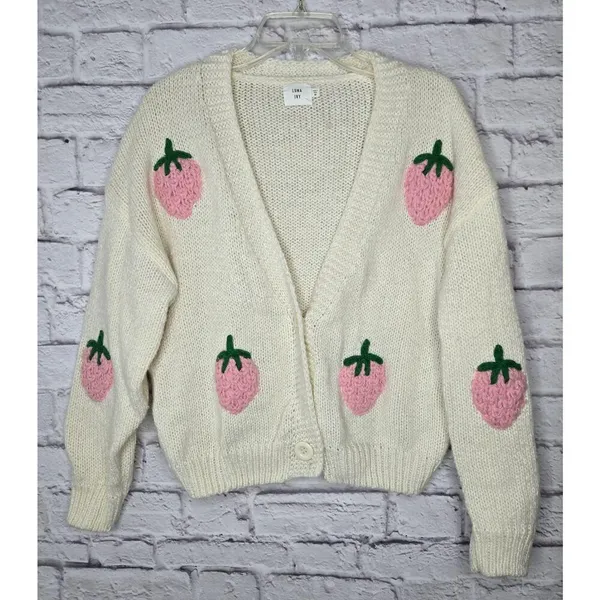 Luna Ivy Oversized Cream Strawberry Knit Cardigan Sweater Womens Medium Preppy - Image 2