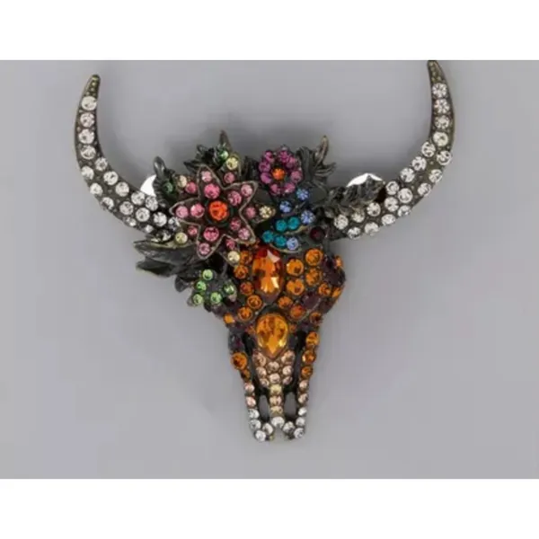 NEW Longhorn Skull Floral Rhinestone Brooch Western Statement Bag Charm Pin NWT - Image 2