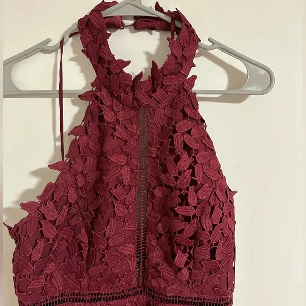 Bardot Gemma Leaf embroidered burgundy dress halter top x Revolve - Image 4