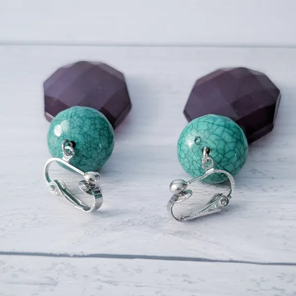 Vintage Clip On Earrings 1.25" Dark Purple & Turquoise Tone Large Chunky Dangle - Image 5