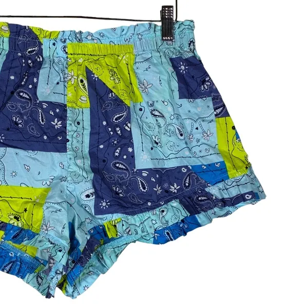 Aerie Bandana Patchwork Ruffle Hem Pajama Shorts Blue Green Boho Size M - Image 3