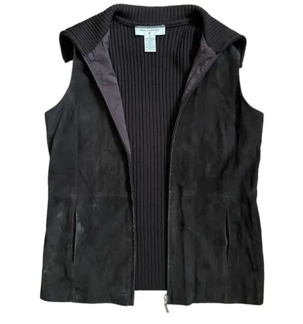 Saks Fifth Avenue Vtg Real Clothes Brown Suede Leather Merino Wool Sweater Vest - Image 6