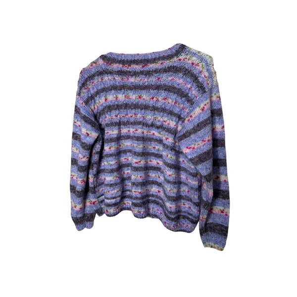 Handmade Hand Crocheted Purple Striped Cardigan 3 Button Crew Neck Sweater L/XL - Image 6