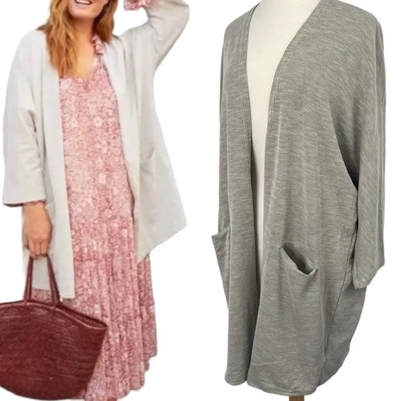 Anthropologie Donni Sandwash Cardigan Open Front Duster Ribbed Neutral Gray NEW One Size - Image 2