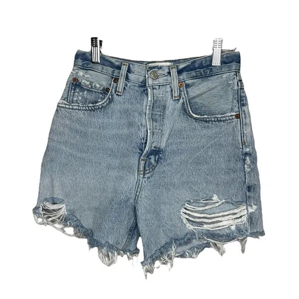 Agolde Light Wash Riley High Waist Cut Off Denim Short in Groove Size 24 - Image 3