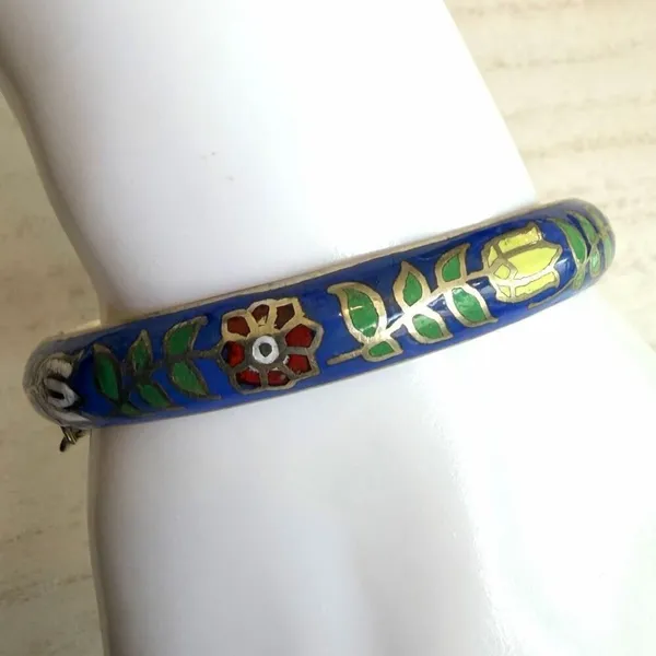 Vintage Thailand Cloisonné Floral Bangle Bracelet Blue Enamel Hinged - Image 2