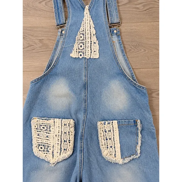 POL Light Wash Denim Overalls Size M Crochet Lace Wide Leg Boho - Image 6