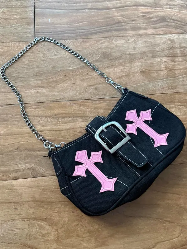 Black Canvas Shoulder Bag with Pink Cross - Image 5