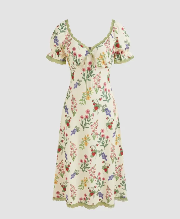 Cider SQUARE NECK STRAWBERRY GRAPHIC CONTRASTING LACE TRIM MIDI DRESS - Image 2